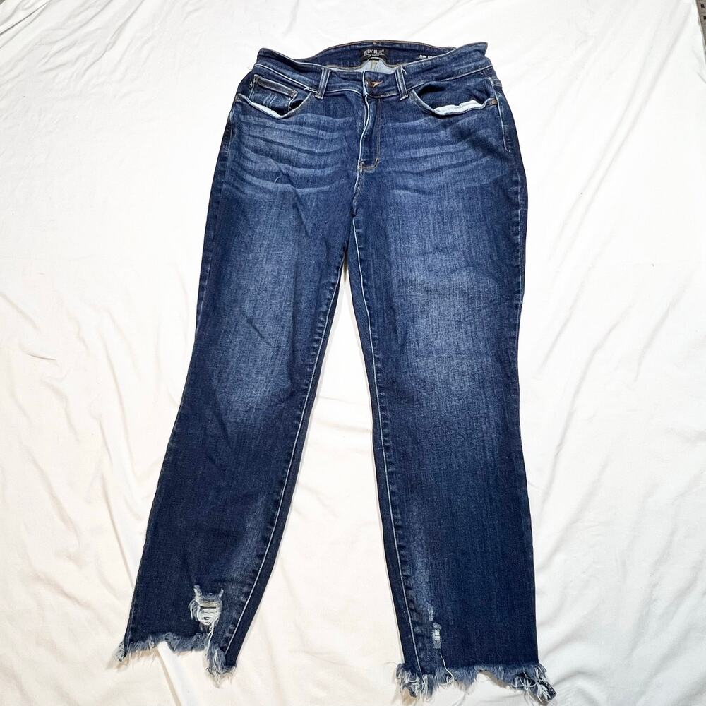 Judy Blue Slim Fit Jeans Womens 14W Blue Distressed Raw Frayed Hem Denim Pants